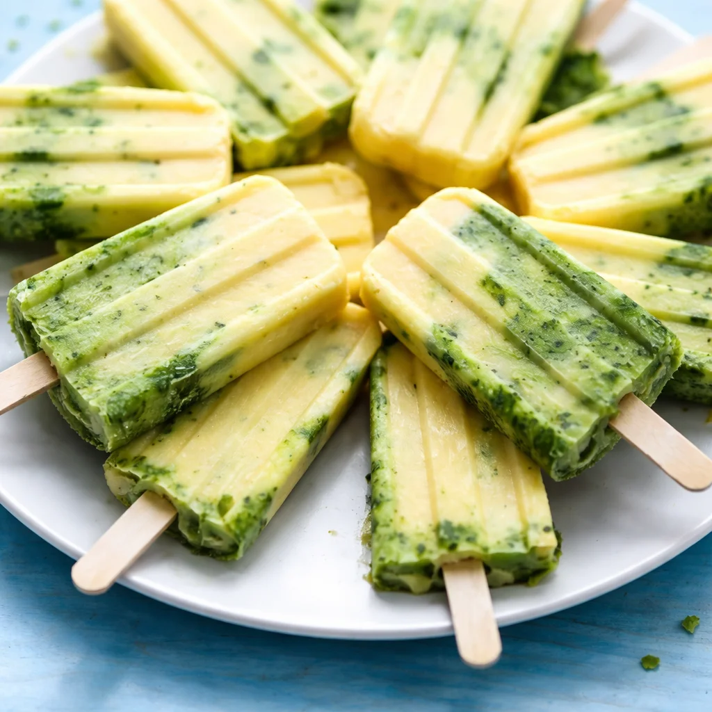 Frozen mango float popsicles with coconut and lime for a refreshing dessert.