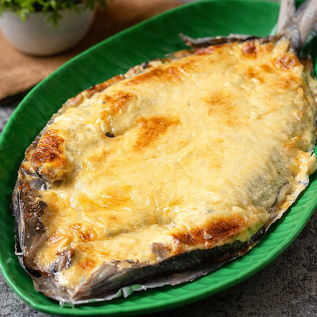 Baked Garlic Butter Bangus Belly with garlic, butter, and cheesy topping.