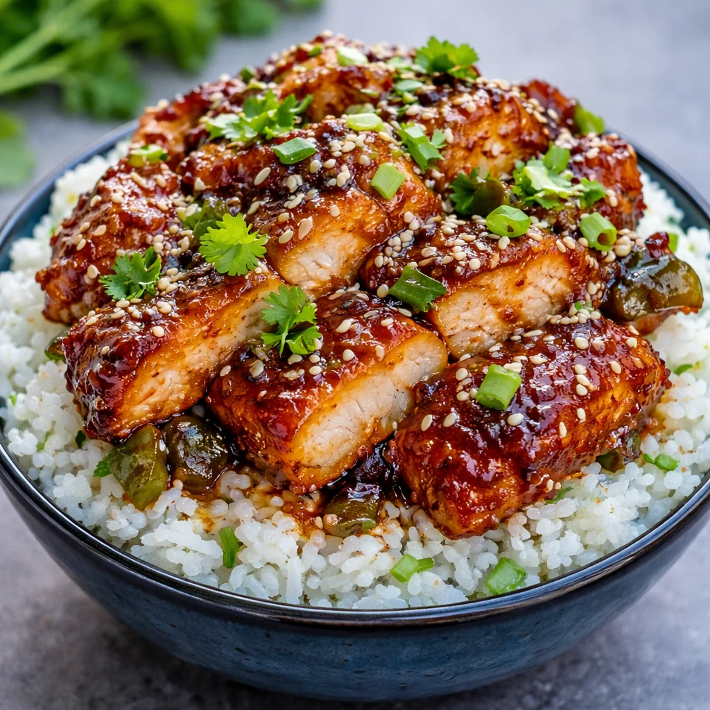 Filipino Chicken Katsu Rice Bowl topped with sweet sauce and crispy breaded chicken.