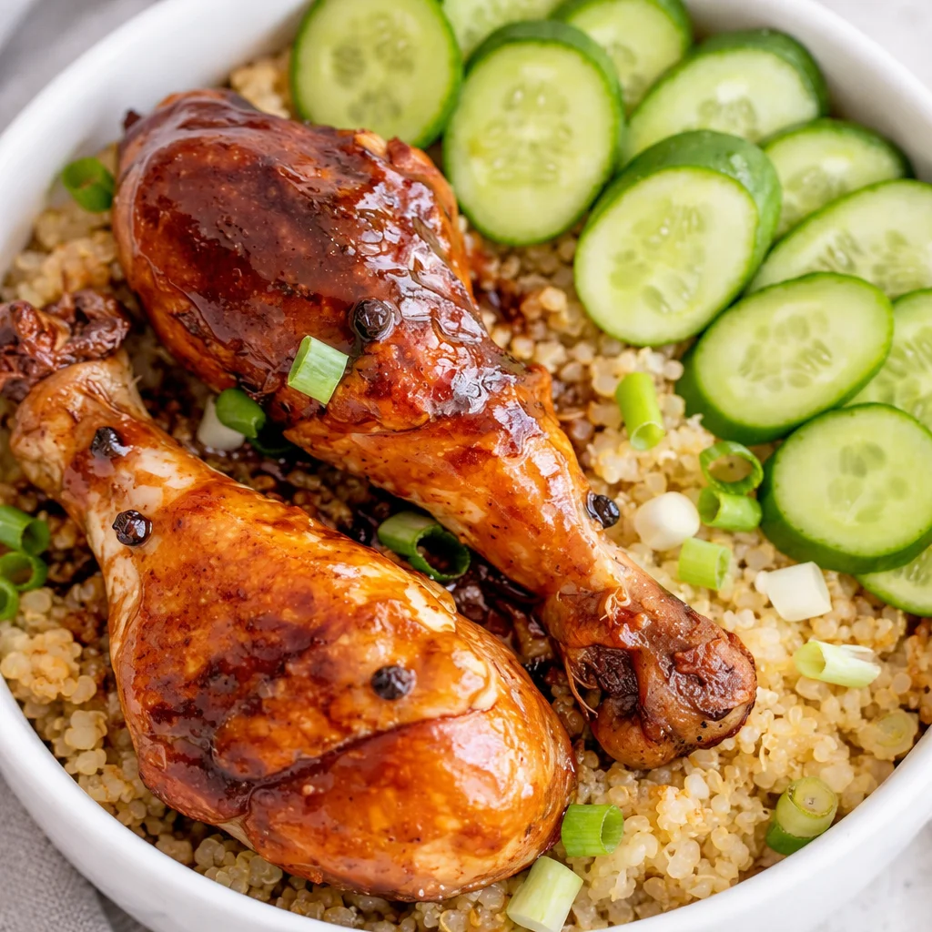 Low calorie chicken adobo bowl with quinoa and vegetables on a rustic wooden table.