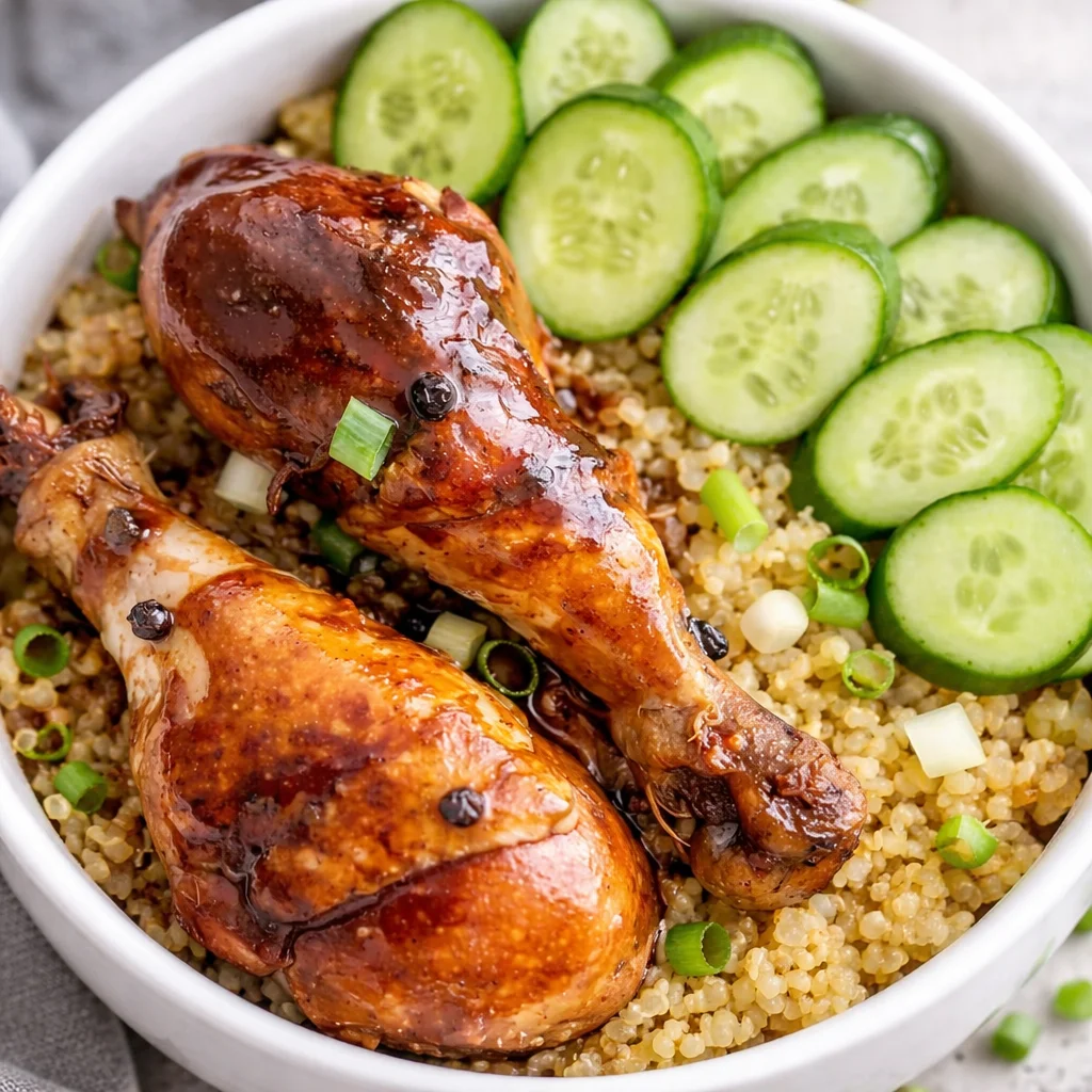 Colorful healthy Chicken Adobo Quinoa Bowl with veggies and spices