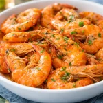 Filipino spicy garlic shrimp served with rice in a white bowl.