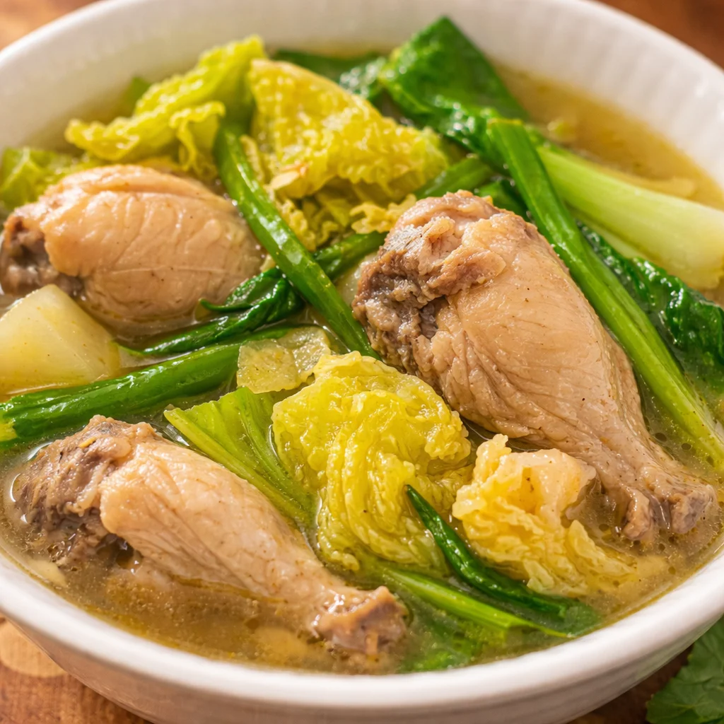 A bowl of Slow Cooker Chicken Tinola, a comforting Filipino chicken soup with ginger and vegetables.