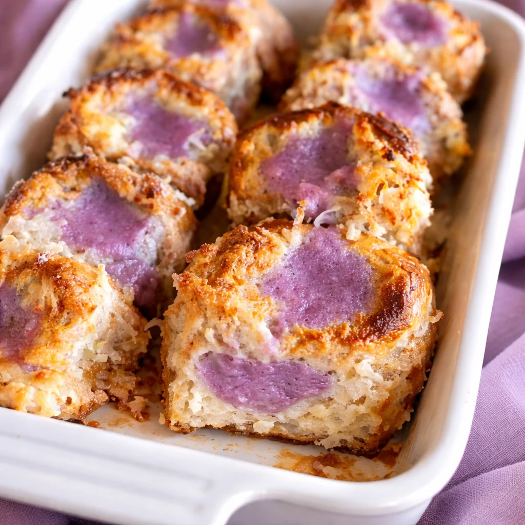 Ube French toast topped with homemade coconut syrup and berries.