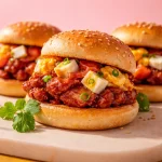 Delicious Chicken Tocino Breakfast Sliders served with salted egg salsa and over-easy egg.