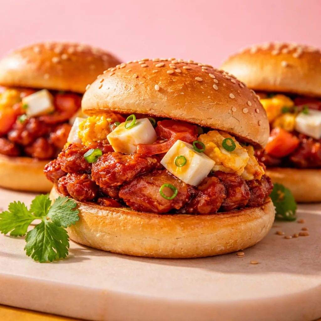 Delicious Chicken Tocino Breakfast Sliders served with salted egg salsa and over-easy egg.