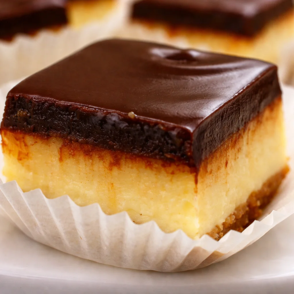 Baked Leche Flan Cheesecake Bars with caramel topping on a dessert plate