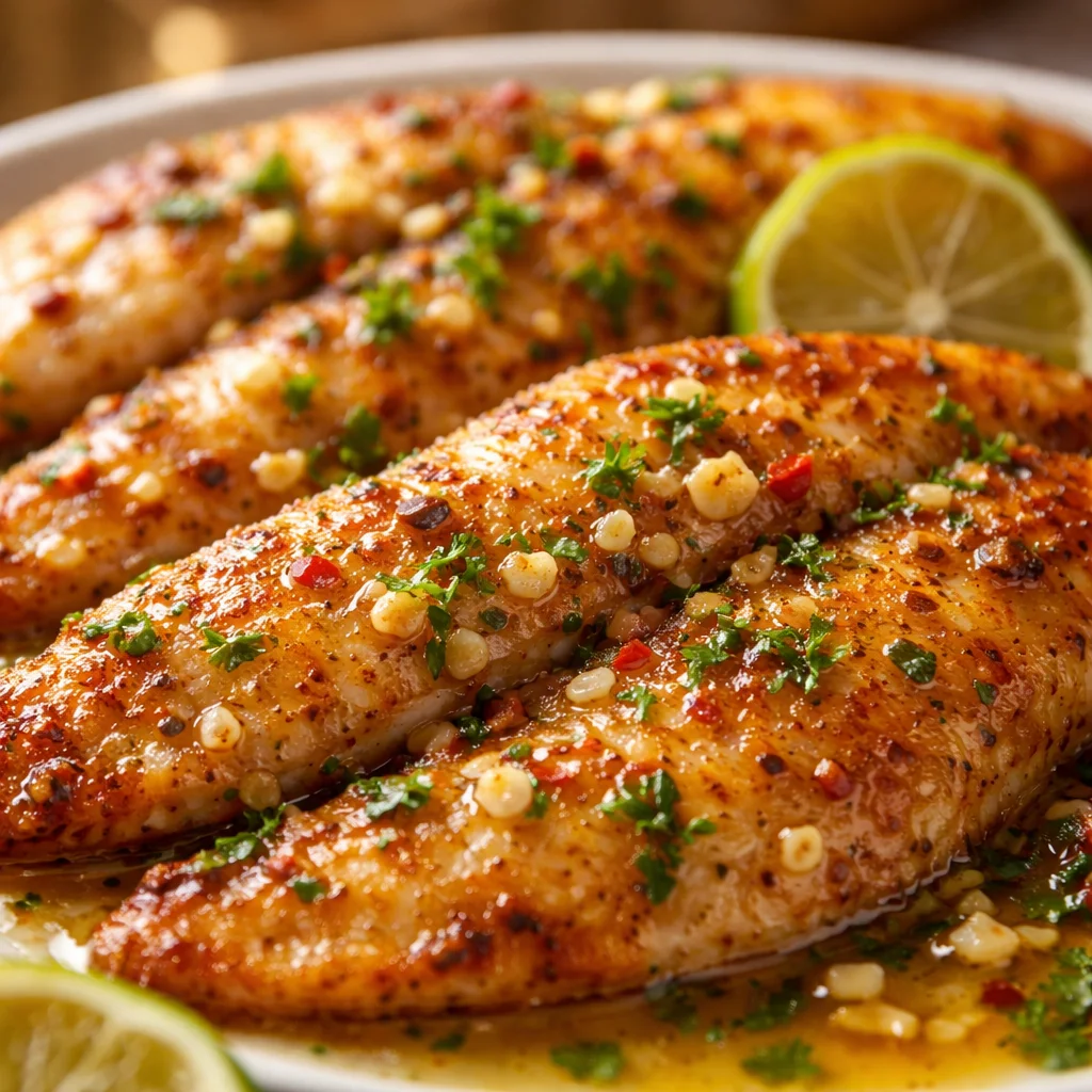 Air fryer tilapia fillets with garlic and calamansi served on a plate.