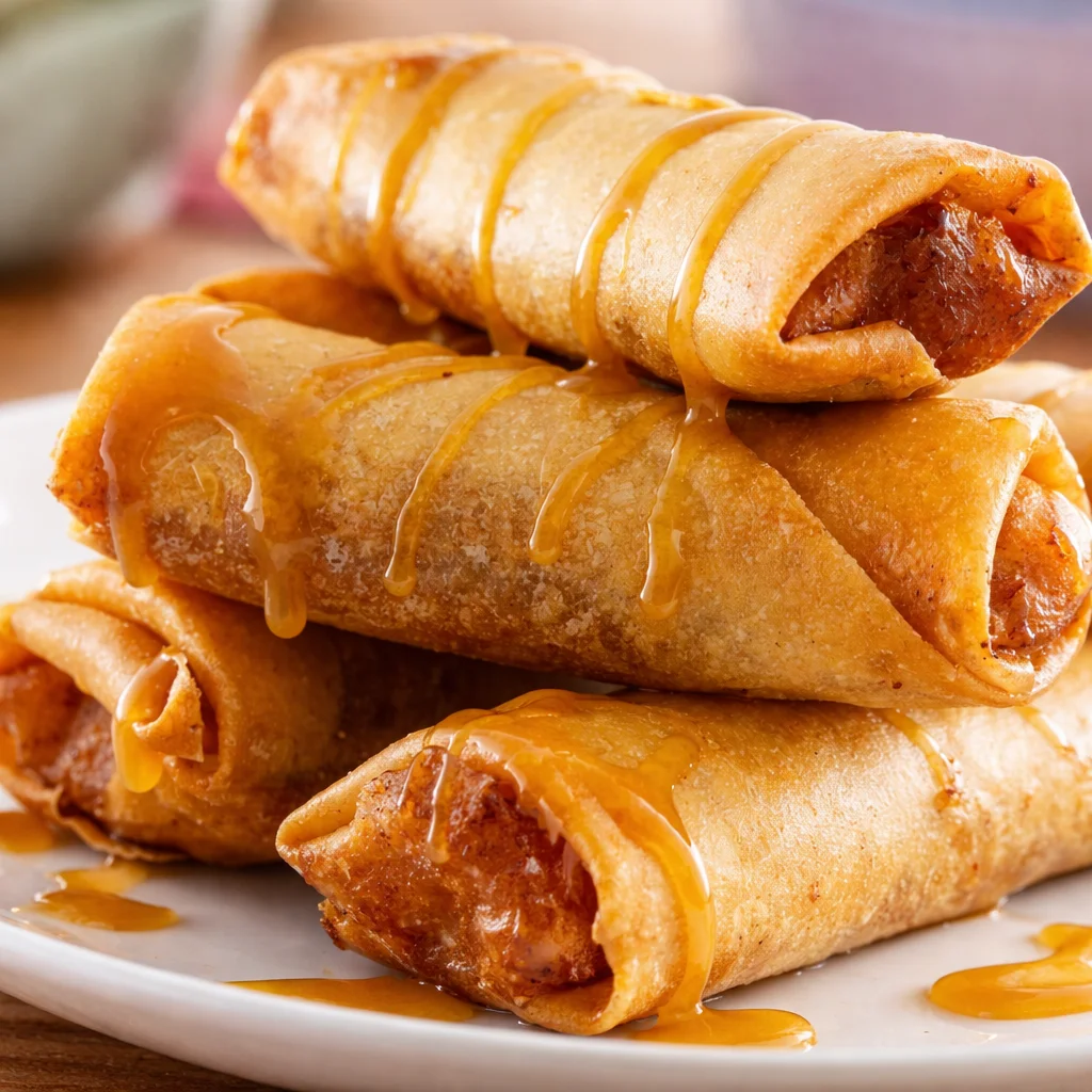 Delicious baked turon cheesecake rolls served with caramel sauce and ice cream.