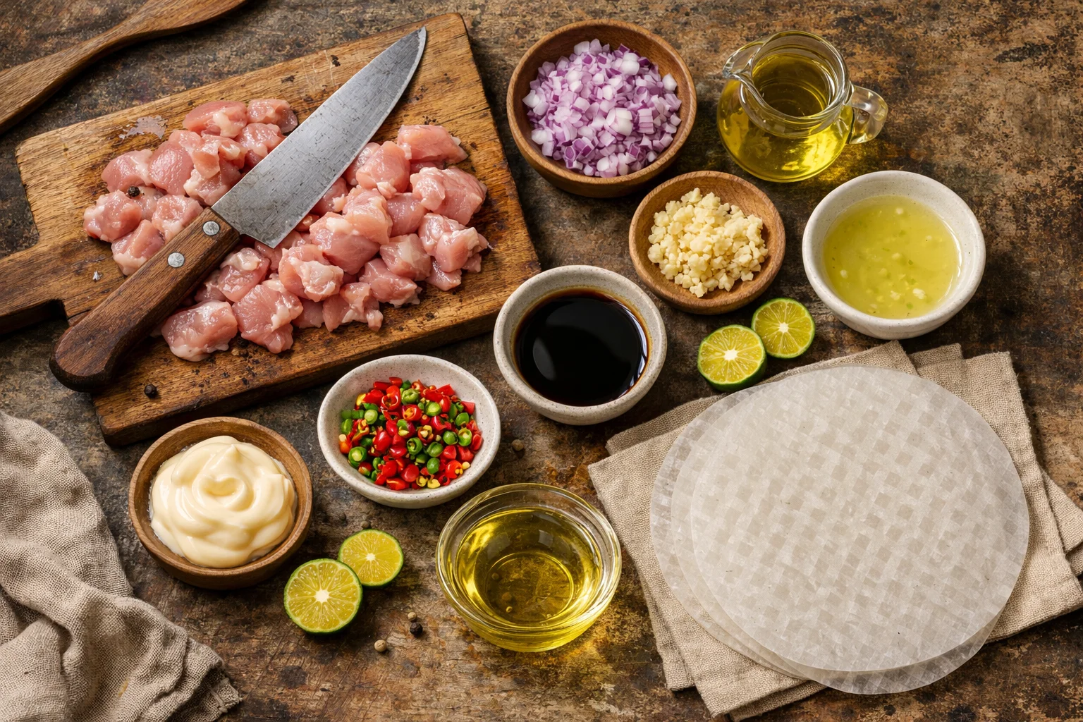 chicken sisig rice paper rolls