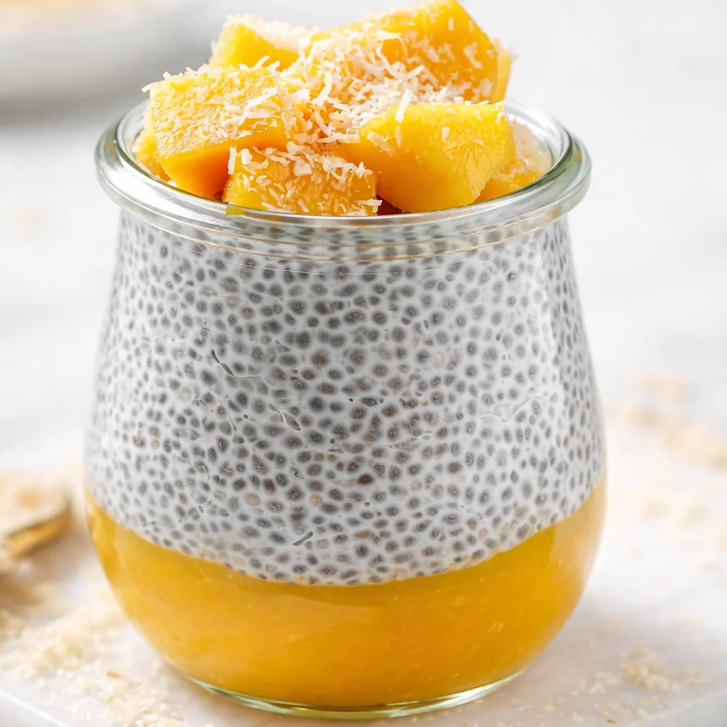 Delicious Mango Coconut Chia Cups topped with fresh mango and coconut flakes.