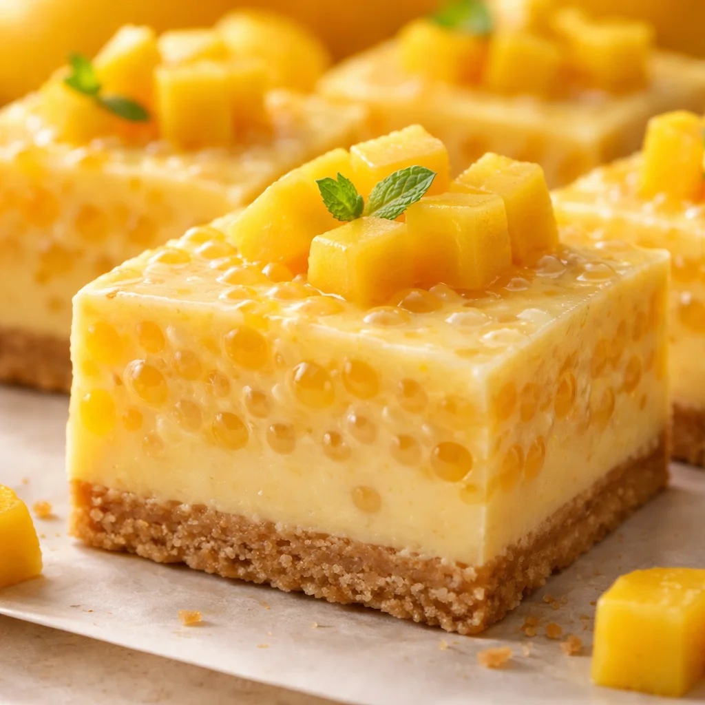 No bake mango sago bars topped with fresh mango slices and coconut.