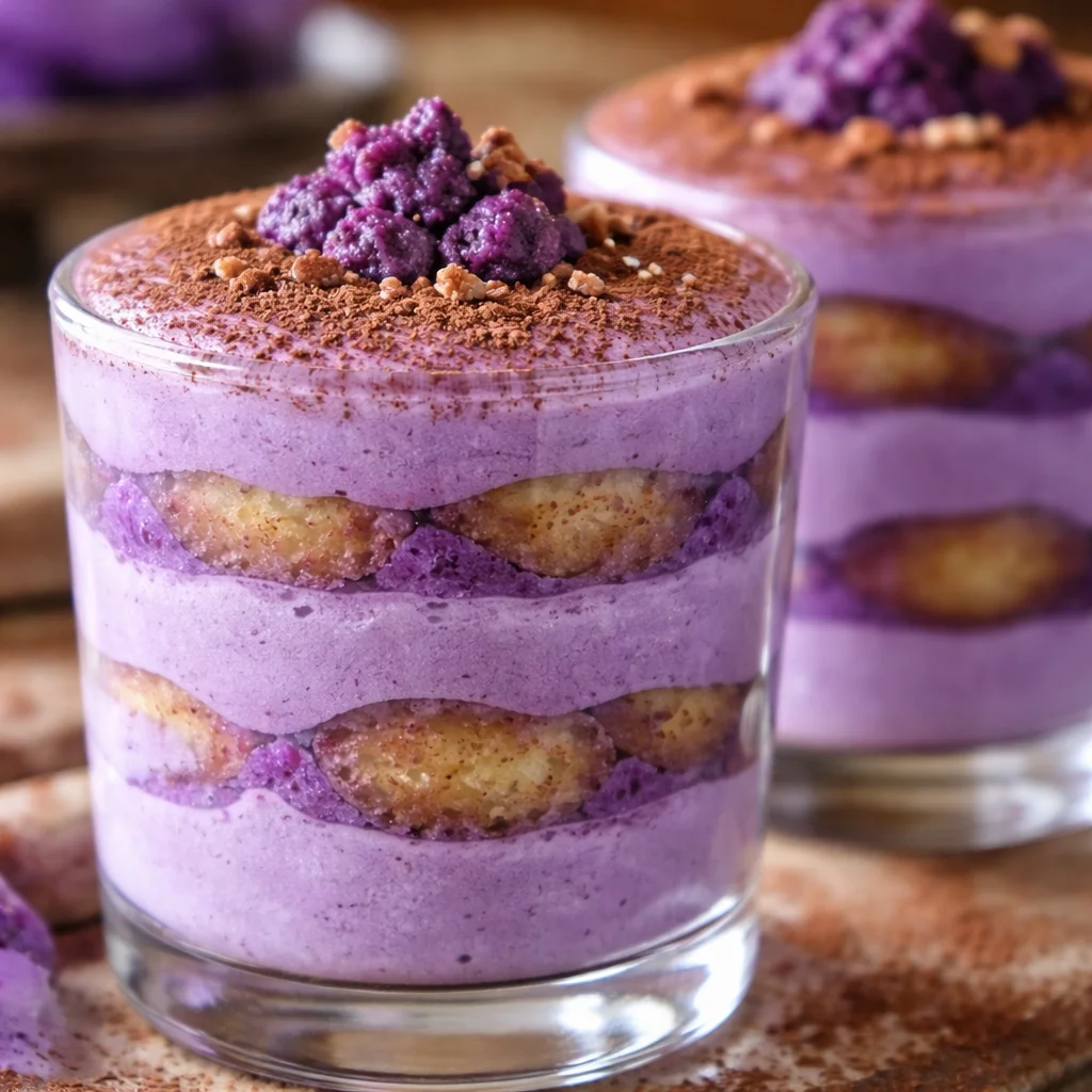 Delicious no bake ube tiramisu cups with layers of creamy ube and mascarpone.