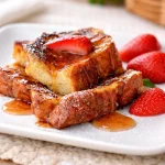 Delicious ube french toast bites served on a plate as a breakfast treat.