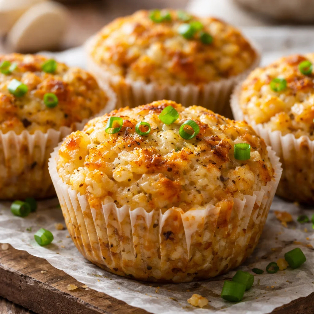 Delicious garlic rice breakfast muffins served on a rustic wooden table.