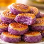 Plate of colorful ube mochi pancake bites made with Trader Joe's mix