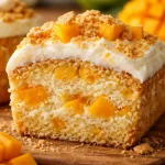 Mango float mini loaf cake with fresh mango layers and graham cracker topping.