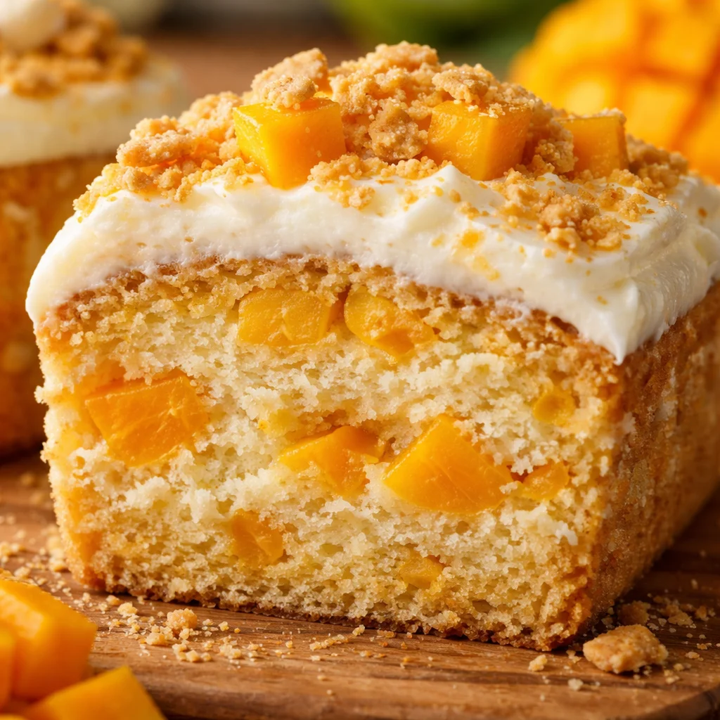 Mango float mini loaf cake with fresh mango layers and graham cracker topping.