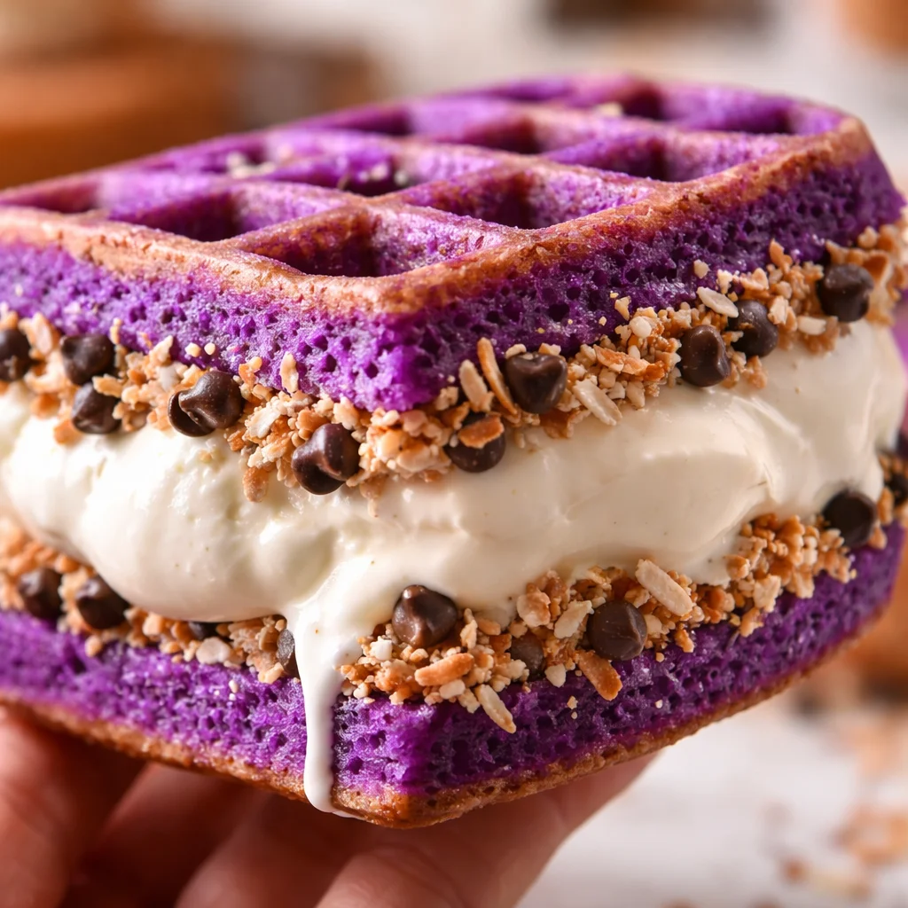 Ube waffle ice cream sandwiches served with vibrant toppings and unique flavors.
