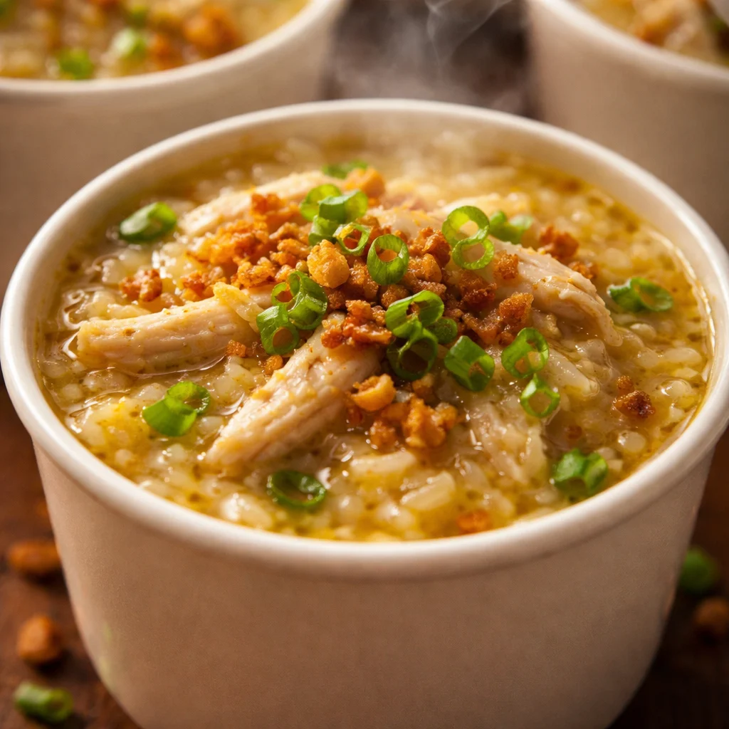 A steaming cup of chicken arroz caldo featuring rice, chicken, and spices.