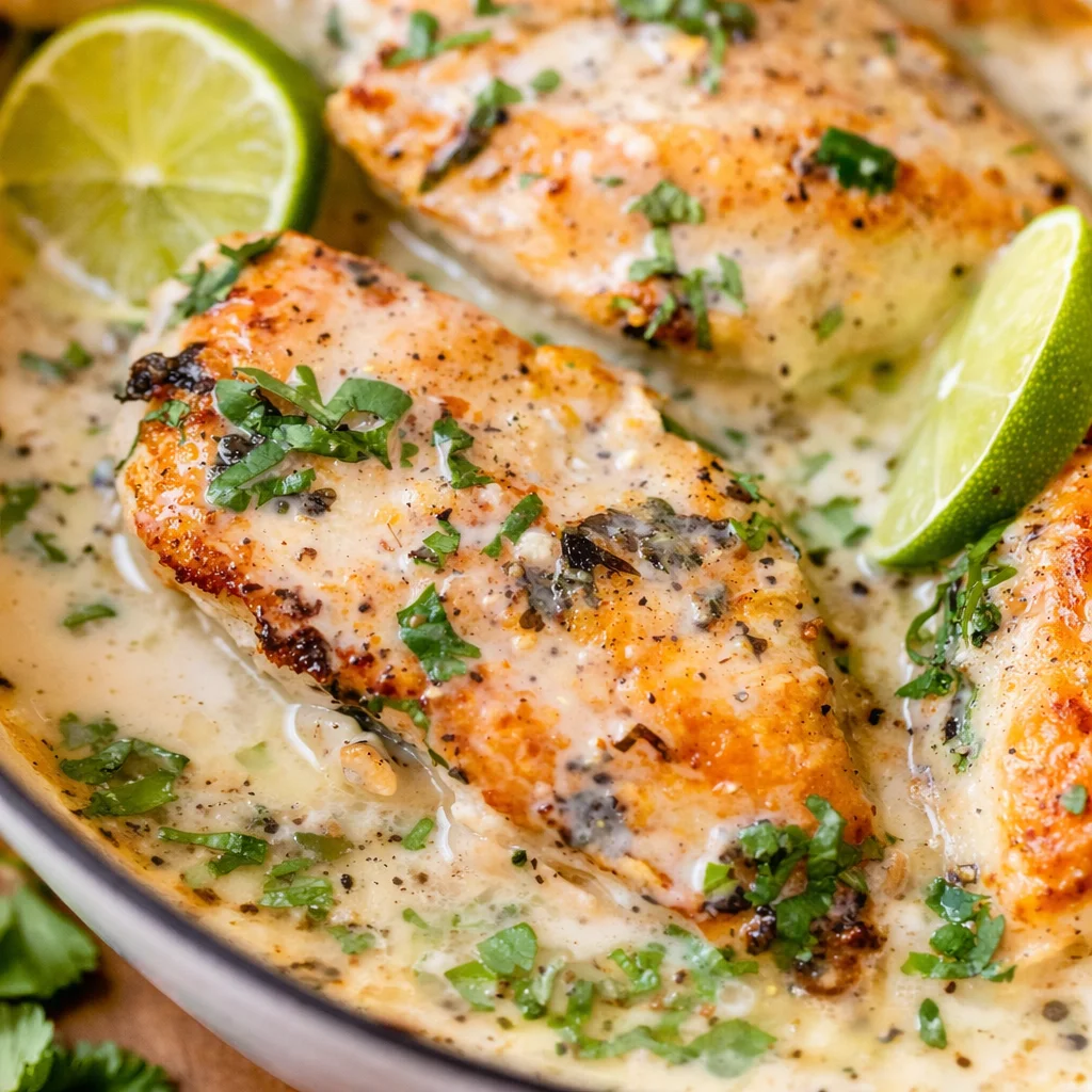 Creamy coconut chicken rice skillet with tender chicken and creamy coconut sauce.