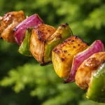 Delicious Calamansi Honey Chicken Skewers served on a plate with dipping sauce.