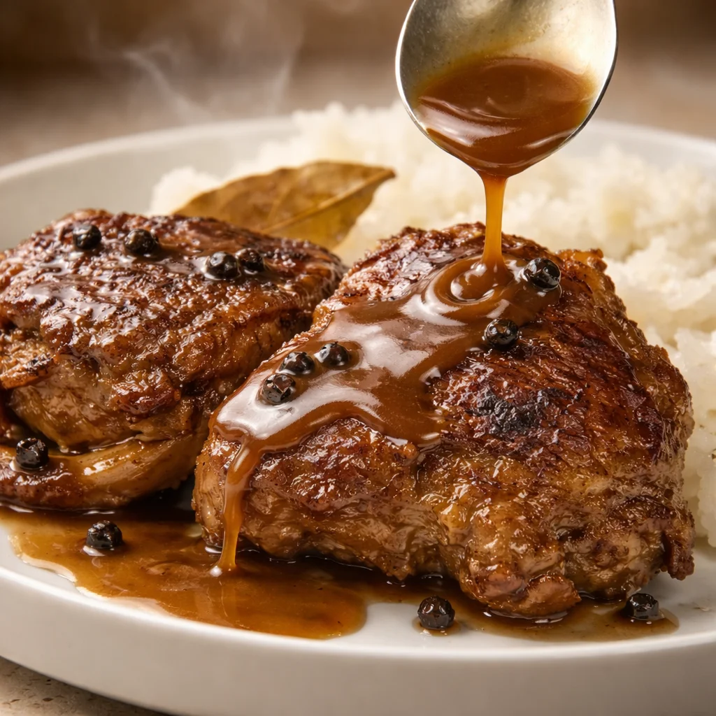 Air Fryer Chicken Adobo Bites served on a plate with garnish and dipping sauce.
