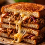 Delicious chicken adobo grilled cheese sandwich with melty cheddar cheese