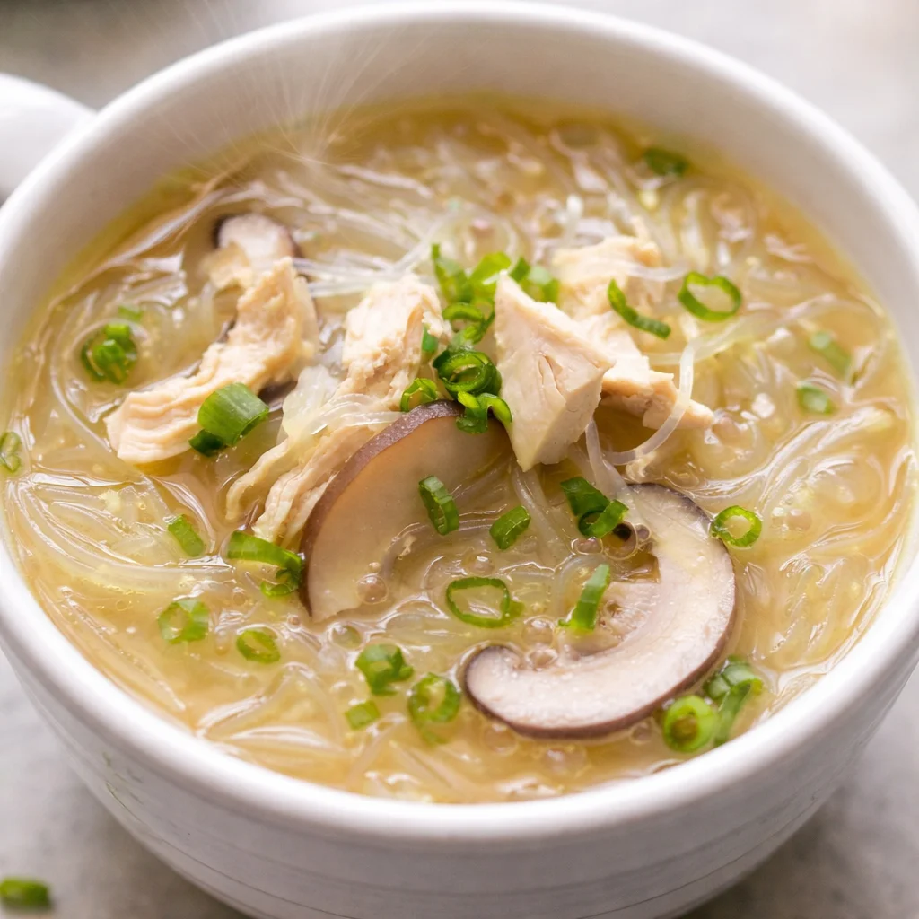 Delicious Filipino Chicken Noodle Bake with chicken, noodles, and savory broth.